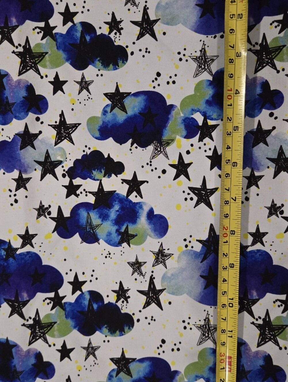 Knit Fabric: Watercolour Clouds And Stars Cotton Lycra Stretch Fabric 50cmxWOF
